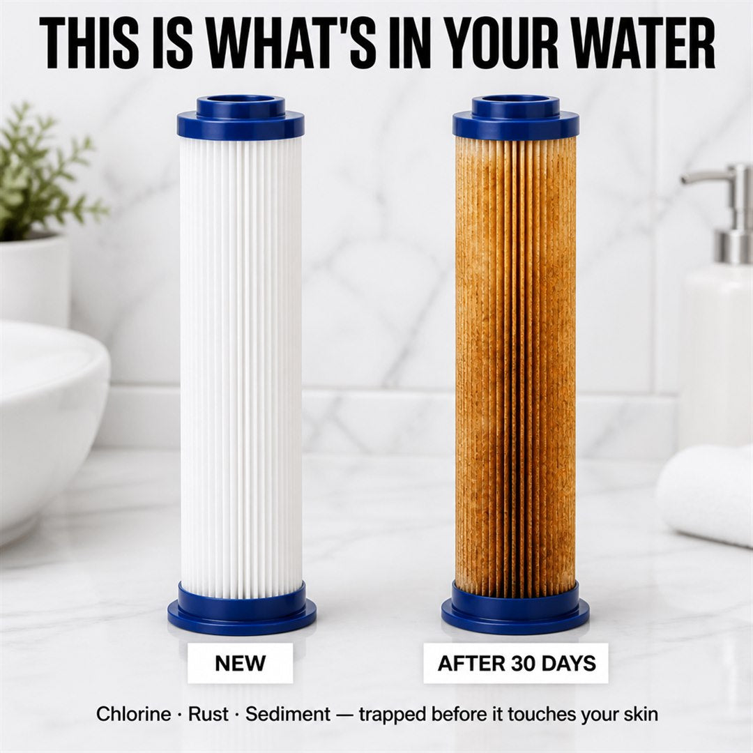 Filter cartridge clean vs after 30 days showing trapped rust and sediment