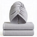 Set of 3 quick-dry hair turban wraps - two folded plus one head-wrap turban, gray waffle-weave microfiber 3-pack spa set