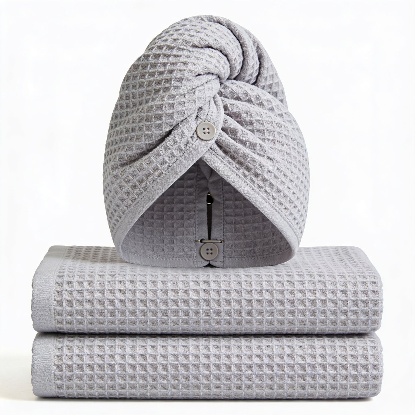 Set of 3 quick-dry hair turban wraps - two folded plus one head-wrap turban, gray waffle-weave microfiber 3-pack spa set