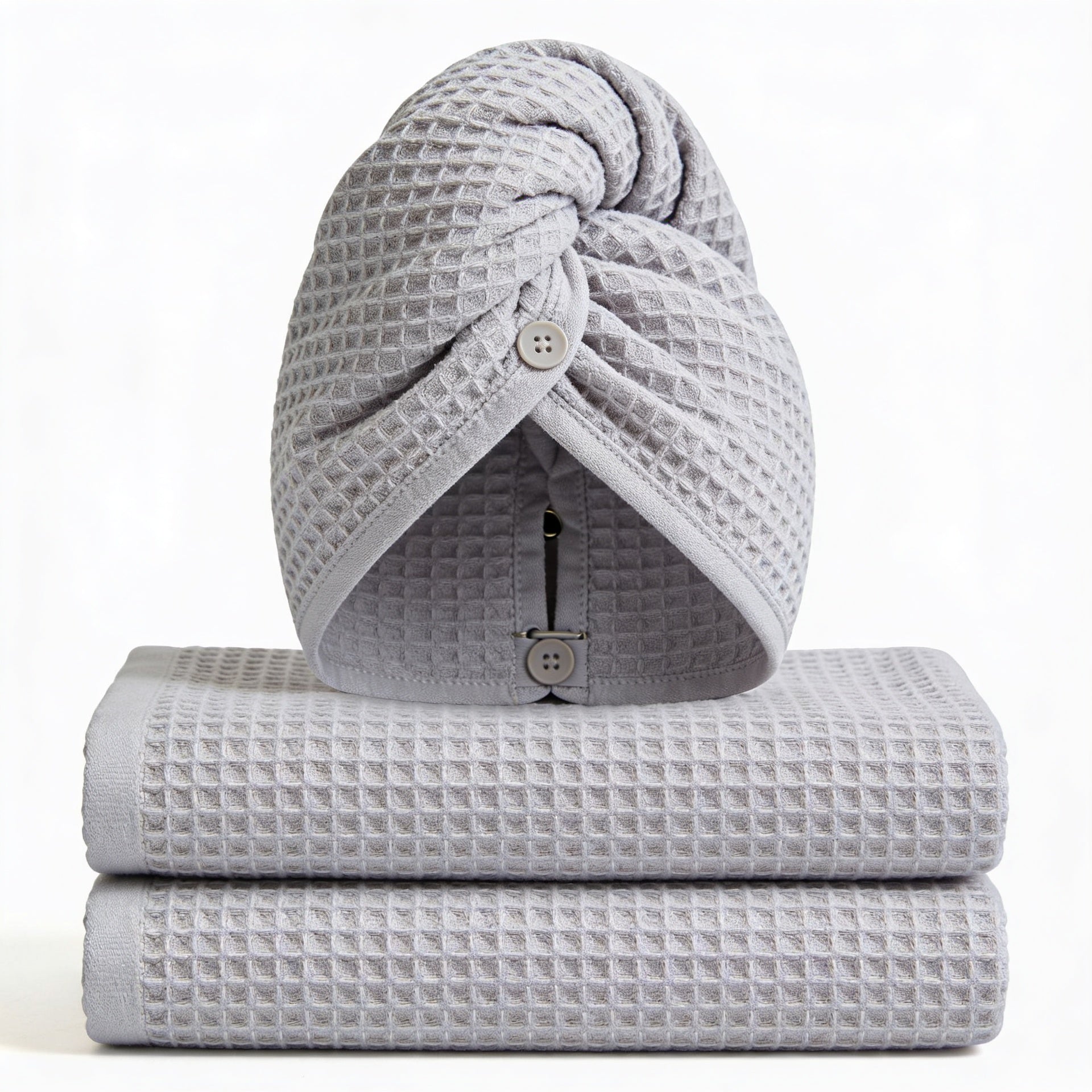 Set of 3 quick-dry hair turban wraps - two folded plus one head-wrap turban, gray waffle-weave microfiber 3-pack spa set