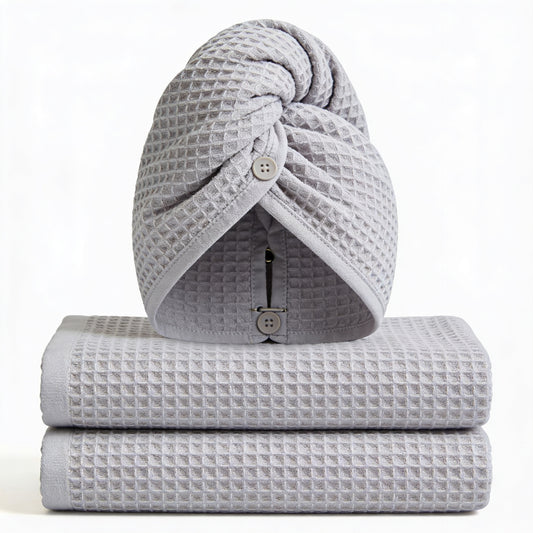 Set of 3 quick-dry hair turban wraps - two folded plus one head-wrap turban, gray waffle-weave microfiber 3-pack spa set